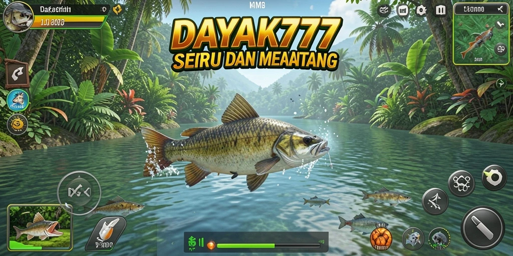 Screenshot utama DAYAK777 menunjukkan pemain sedang memancing di danau yang indah.