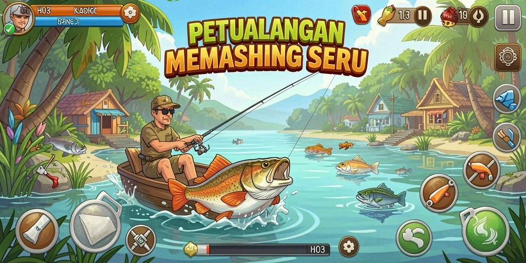 Gameplay H03 dengan berbagai jenis ikan di perairan yang indah.