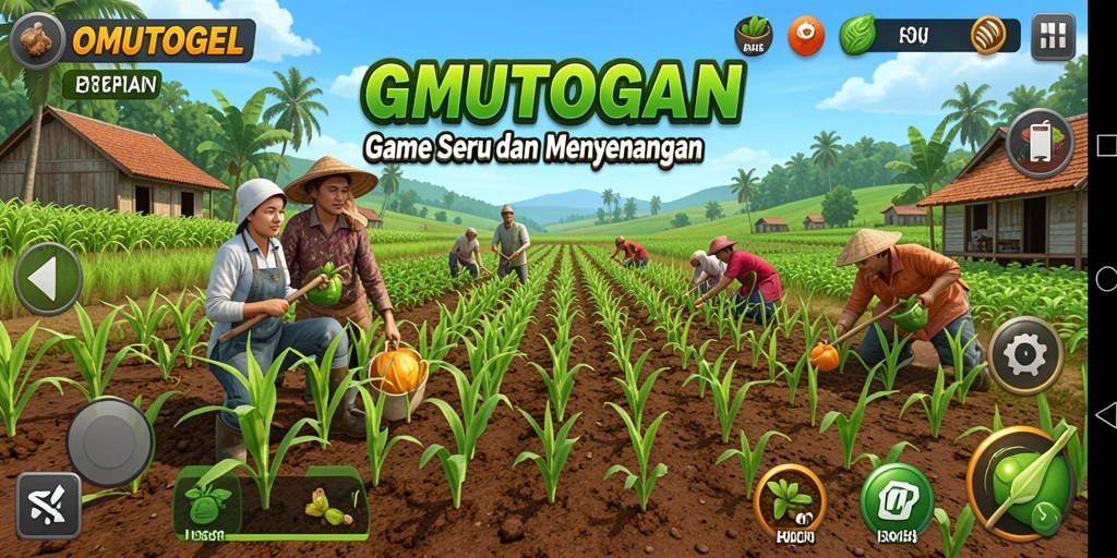 Tampilan gameplay seru dalam OMUTOGEL, penuh warna dan aktivitas bertani.