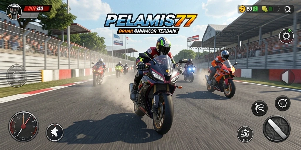 Tampilan gameplay seru PELAMIS77 dengan balapan motor yang mendebarkan.