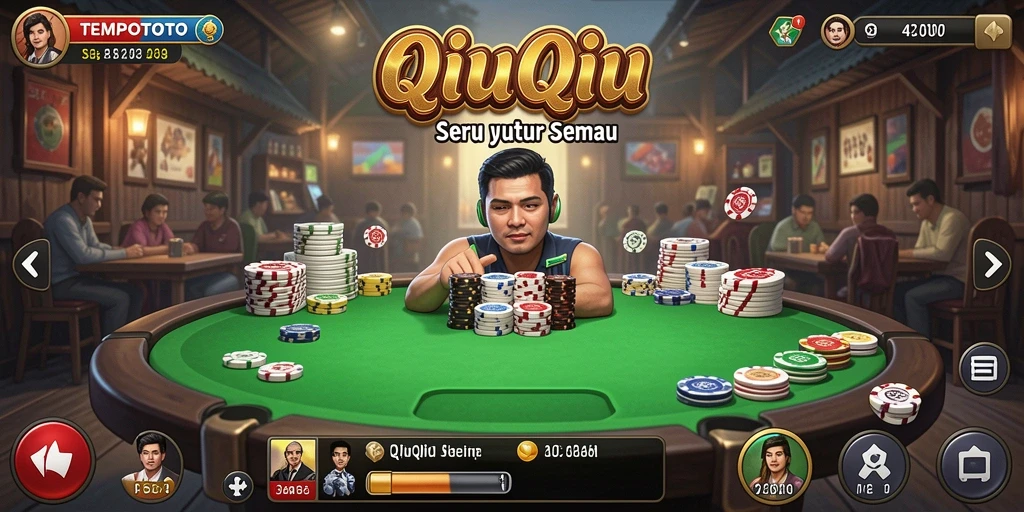 Tangkapan layar utama TEMPOTOTO menampilkan aksi seru permainan QiuQiu.