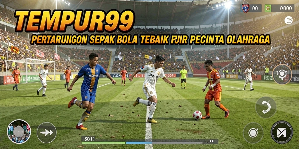 Tampilan utama gameplay TEMPUR99 dengan aksi sepak bola seru.